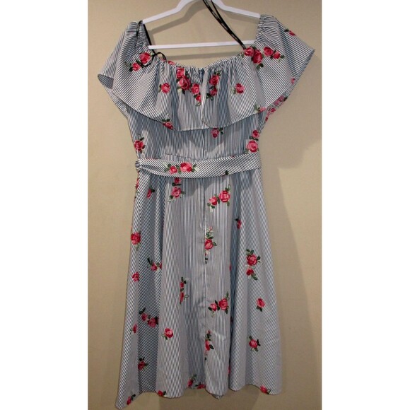 Calvin Klein Off the Shoulder Pinstripe Floral Strapless Dress Sz 12Embroidered - Picture 2 of 3